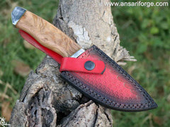 Special Fixed Blade Hunting Knife, 5" Drop-Point 420HC Blade, Olive Wood Handle with Leather Sheath