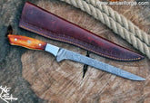 Handmade Damascus Steel Large Fillet Knife Hunting Fishing Knives, Full Tang Bone Handle, 13.0 inch Sharp