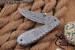 Damascus steel rain drop pocket knife