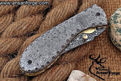 Damascus steel rain drop pocket knife