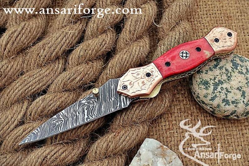 Damascus steel pocket knife Engraved bolsters