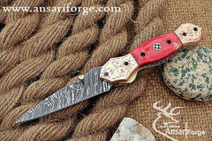 Damascus steel pocket knife Engraved bolsters