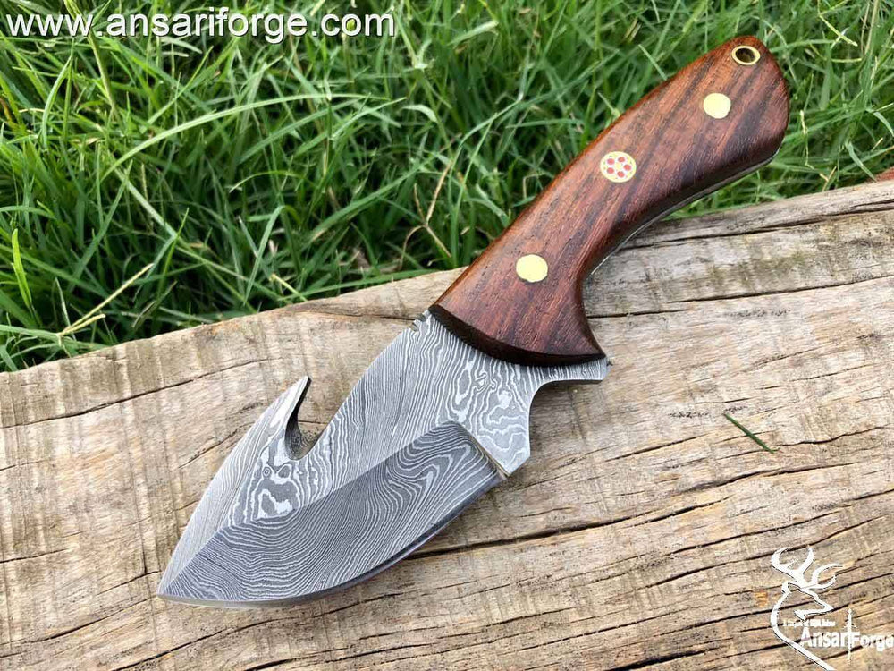 Damascus Steel Wood Handle Fixed Blade Gutting Hook Knife