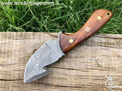 Damascus Steel Wood Handle Fixed Blade Gutting Hook Knife