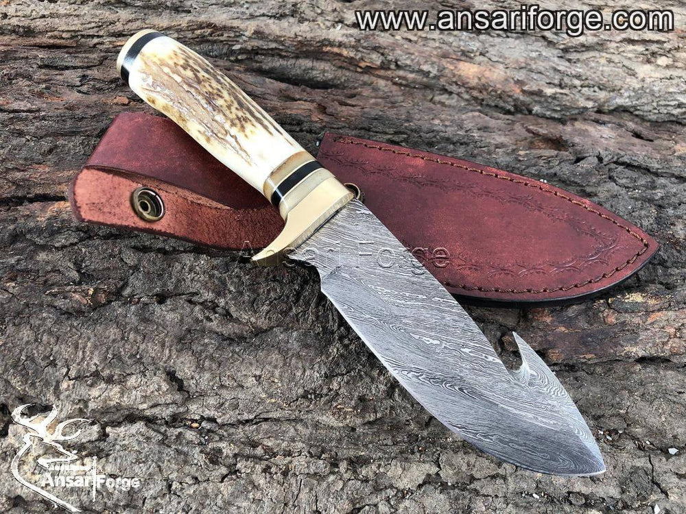 Damascus Gut Hook Knife with Stag Handle and Leather Sheath