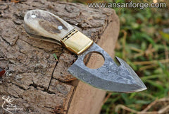 Damascus steel Fixed Blade Gut Hook Knife,Full Tang Field Processing Knife - Stag Antler Handle, Leather Sheath Included, for Skinning, Hunting, Outdoors