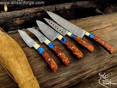 Professional Damascus Steel Chef Knife Set 5 pcs with Leather case