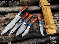 Professional Damascus Steel Chef Knife Set 5 pcs with Leather case