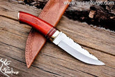 Custom handmade 420 steel hunting knife pakka wood 420 J2 tool steel mirror polish blade with 54 HRC hardness , Pakka wood handle and brass bolsters and but cap Comes with handmade cowhide leather sheath .