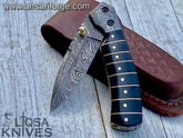 Handmade Damascus pocket knife for men Folding knife with sheath for Outdoor, Camping, Hiking