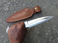 Close-up view of the 5-inch drop point blade of the Custom Made 5160 Steel Integral Hunting Knife, highlighting the fine edge and 6.0 mm thickness.