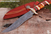 Handmade Damascus Bowie Knife 13 inches hunting knife with leather sheath