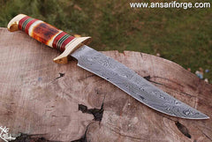 Handmade Damascus Bowie Knife 13 inches hunting knife with leather sheath