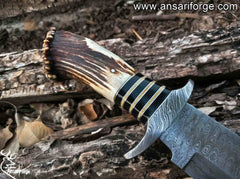 Damascus Steel Stag Horn Handle Bowie Knife With Leather sheath