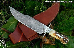 Jim Bowie Knife 14" Custom Damascus Steel Full Tang Stag Handled Bowie Knife With Leather Sheath