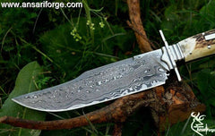 Jim Bowie Knife 14" Custom Damascus Steel Full Tang Stag Handled Bowie Knife With Leather Sheath