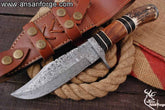 Damascus Steel Handmade Hunting Knife With Stag Antler Handle And Leather Sheath