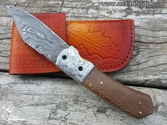 Damascus steel eagle engraved folding blade pocket knife