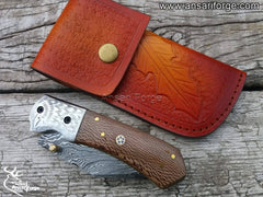 Damascus steel eagle engraved folding blade pocket knife