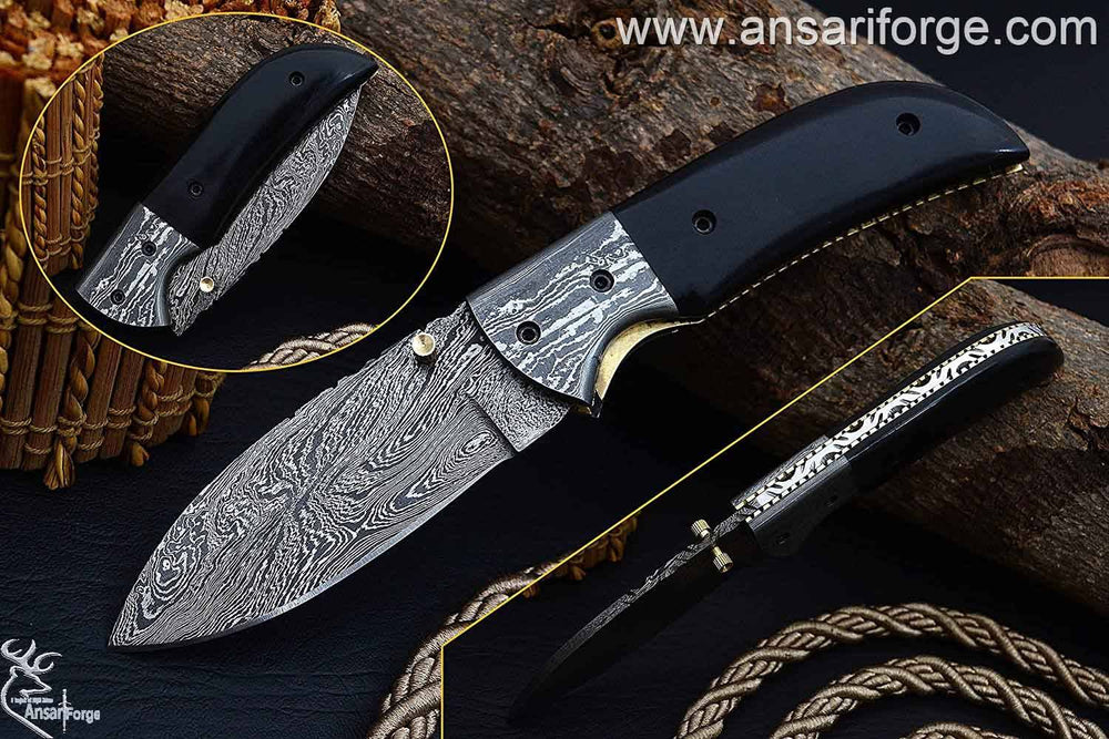Handmade Damascus folding knife with twist pattern blade and micarta handle.