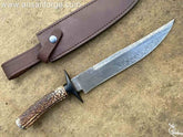 Custom handmade forged Damascus steel feather hunting knife with stag handle Damascus steel 1095 & 15n20 hand forged feather pattern hidden tang hunting knife with 58 - 60 HRC hardness . Stainless steel powder coated black hilt . Stag antler handle and comes handmade cowhide leather sheath .