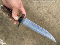 Custom handmade forged Damascus steel feather Bowie hunting knife with stag handle