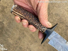 Custom handmade forged Damascus steel feather Bowie hunting knife with stag handle