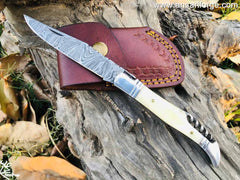LAGUIOLE POCKET KNIFE WITH DAMASCUS BLADE BONE HANDLE AND STAINLESS STEEL BOLSTERS