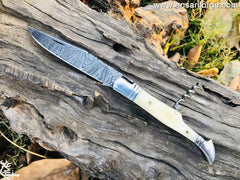 LAGUIOLE POCKET KNIFE WITH DAMASCUS BLADE BONE HANDLE AND STAINLESS STEEL BOLSTERS