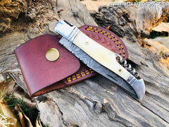 LAGUIOLE POCKET KNIFE WITH DAMASCUS BLADE BONE HANDLE AND STAINLESS STEEL BOLSTERS