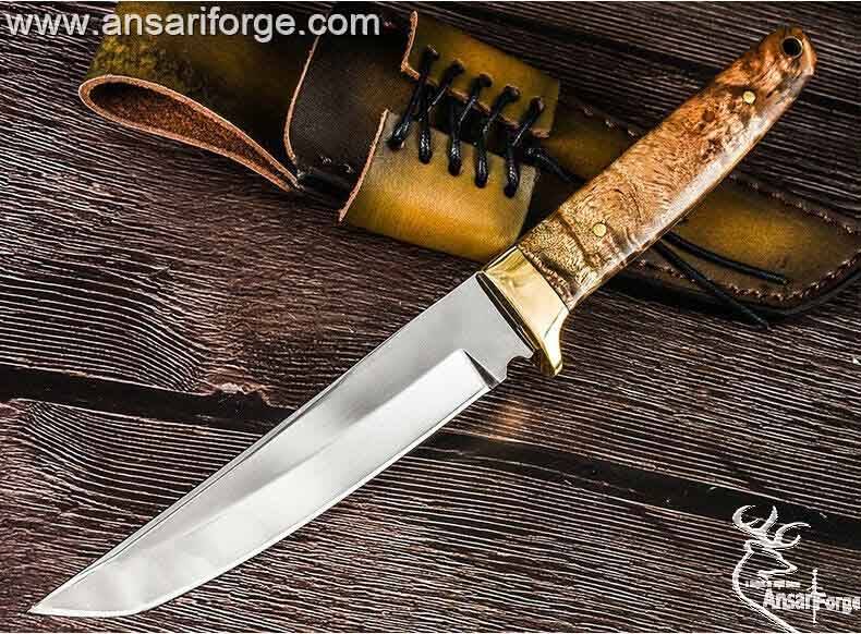 Custom handmade tool steel tanto hunter knife 420J2 forged tool steel full tang mirror polished tanto blade with 54 HRC hardness . 99.9% pure brass hilt and walnut wood handle . Always comes with genuine cowhide leather sheath