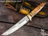 Custom handmade tool steel tanto hunter knife 420J2 forged tool steel full tang mirror polished tanto blade with 54 HRC hardness . 99.9% pure brass hilt and walnut wood handle . Always comes with genuine cowhide leather sheath