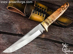 Custom handmade tool steel tanto hunter knife 420J2 forged tool steel full tang mirror polished tanto blade with 54 HRC hardness . 99.9% pure brass hilt and walnut wood handle . Always comes with genuine cowhide leather sheath