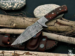 Handmade Damascus Fixed Blade Knife with Rosewood Handle - Survival, Tactical and Camping - Damascus Steel Knife - Damascus Hunting Knife with Right Hand Cross Draw Leather Sheath