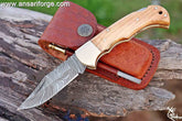 Damascus steel pocket knife handmade lock back folding knife Leather cover sheath .