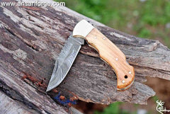 Damascus steel pocket knife handmade lock back folding knife Leather cover sheath