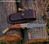 Damascus Folding Knife , Liner Lock Custom Pocket Knife With Sheath & Walnut Wood Handle