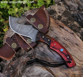 Fixed Blade Damascus Gut Hook Knife, 9-inch Full Tang - Wood Handle, Leather Sheath Included, for Skinning, Hunting, Outdoors