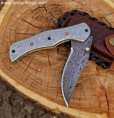 Damascus Folding Knife With Engraved Handle & Leather Sheath