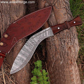 Damascus Kukri Knife 17" Kukri Machete With Wooden Handle & Leather Sheath