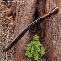 Full tangDamascus steel kukri machete with curved blade, rosewood handle, and leather sheath.