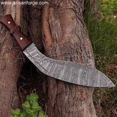 hand-forged Damascus steel kukri machete. The machete has a curved blade, rosewood handle, and leather sheath.