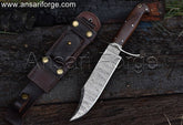 Full Tang Damascus Steel Bowie Knife With Horizontal Carry Leather Sheath Best For Hunting & Camping
