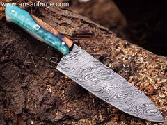 Hand Forged 8 Inch Best Damascus Chef Knife With Stabilized Burl Wood Handle & Leather Sheath