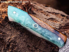 Hand-forged Damascus Chef Knife with Twist Pattern Blade, Stained Burl Wood Handle & Leather Sheath