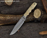 Damascus Steel Hunting Knife With Camel Bone Handle & Leather Sheath
