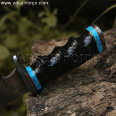 Forged Damascus Hunting Knife (1095 & 15N20 Steel) with 58 HRC Hardness, Fixed Blade, and Leather Handle.
