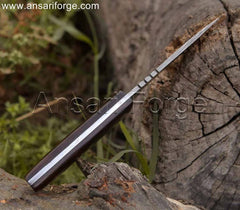 Full tang Damascus hunting knife with twist pattern blade, Wenge wood handle, and leather sheath.