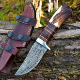 Damascus Steel Hunting Knife Stag Handle