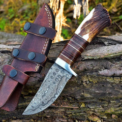 Damascus Steel Hunting Knife Stag Handle